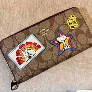 Coach X Peanuts Long Zip Around Wallet in Signature Canvas with Varsity Patches